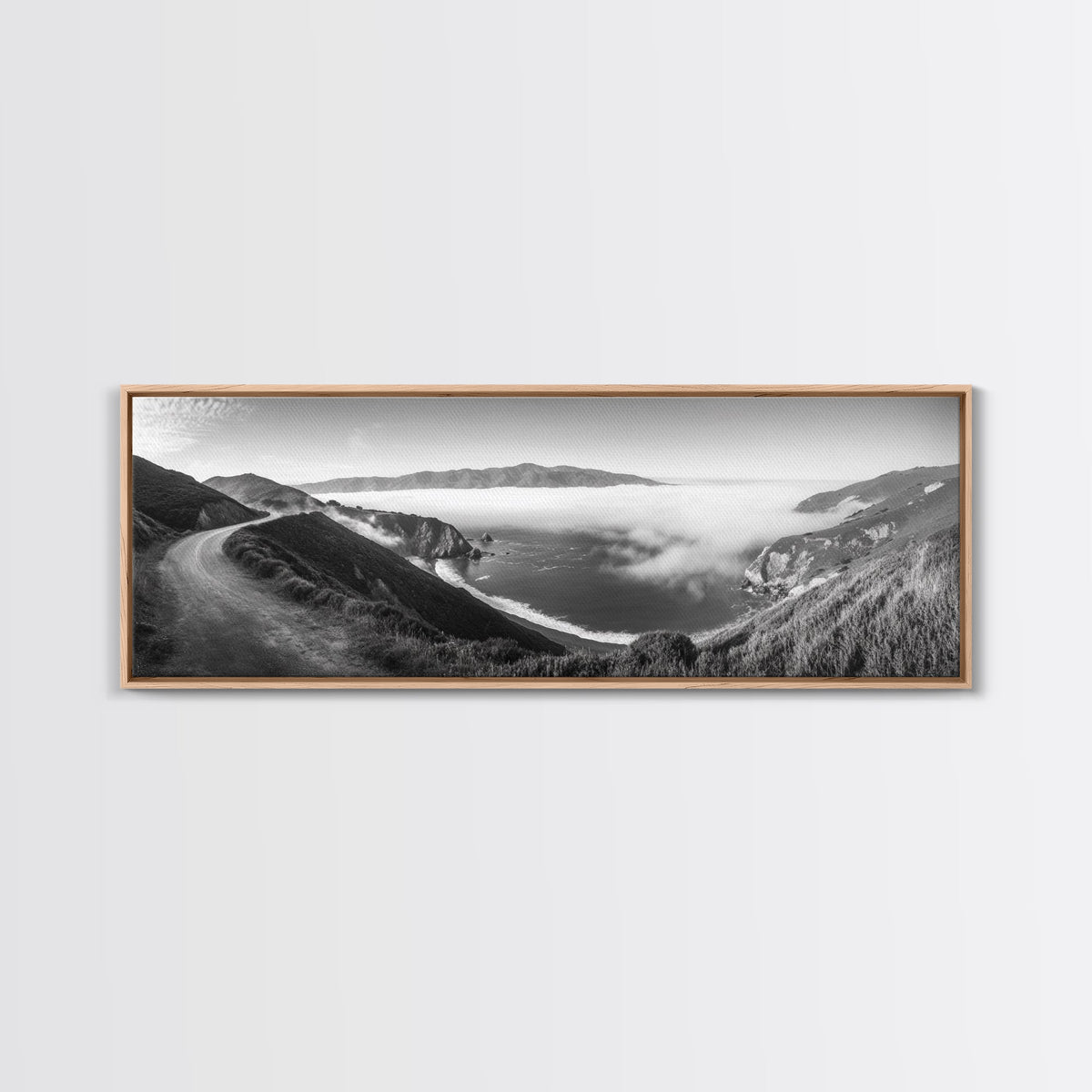 Mountain Road, Foggy Ocean View, Cliffside Drive, Framed Canvas Print, Scenic Wall Decor, Travel Photography, Modern Minimalist Art