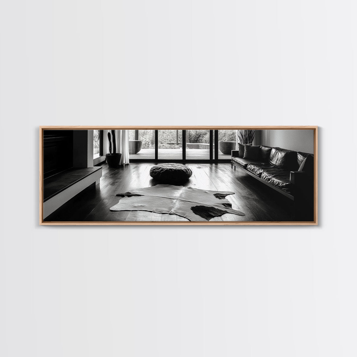 Modern Living, Minimalist Decor, Cowhide Rug, Framed Canvas Print, Neutral Aesthetic Wall Art, Luxury Living Room Design Accent
