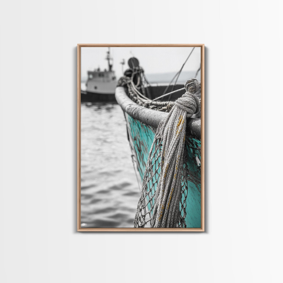 Nautical Texture, Vintage Boat, Rope Detail, Fishing Vessel, Framed Canvas Print, Coastal Wall Art, Rustic Decor, Maritime Photography