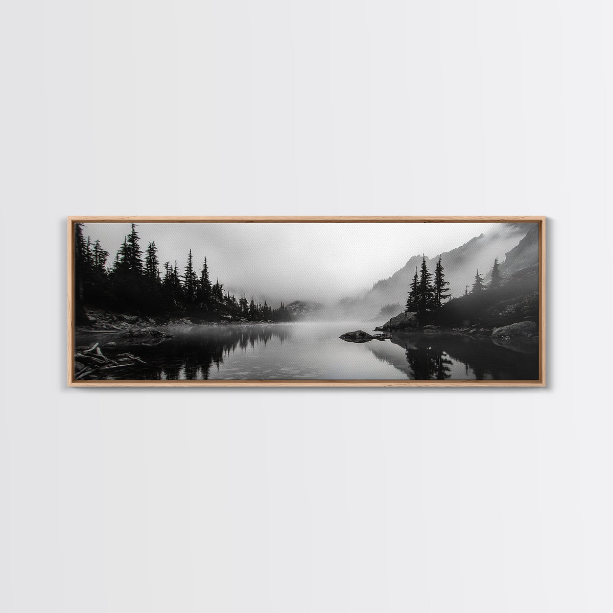 Foggy Pines, Mountain Reflection, Monochrome Wilderness, Canvas Print, black and white wall art, cabin decor, minimalist forest scene