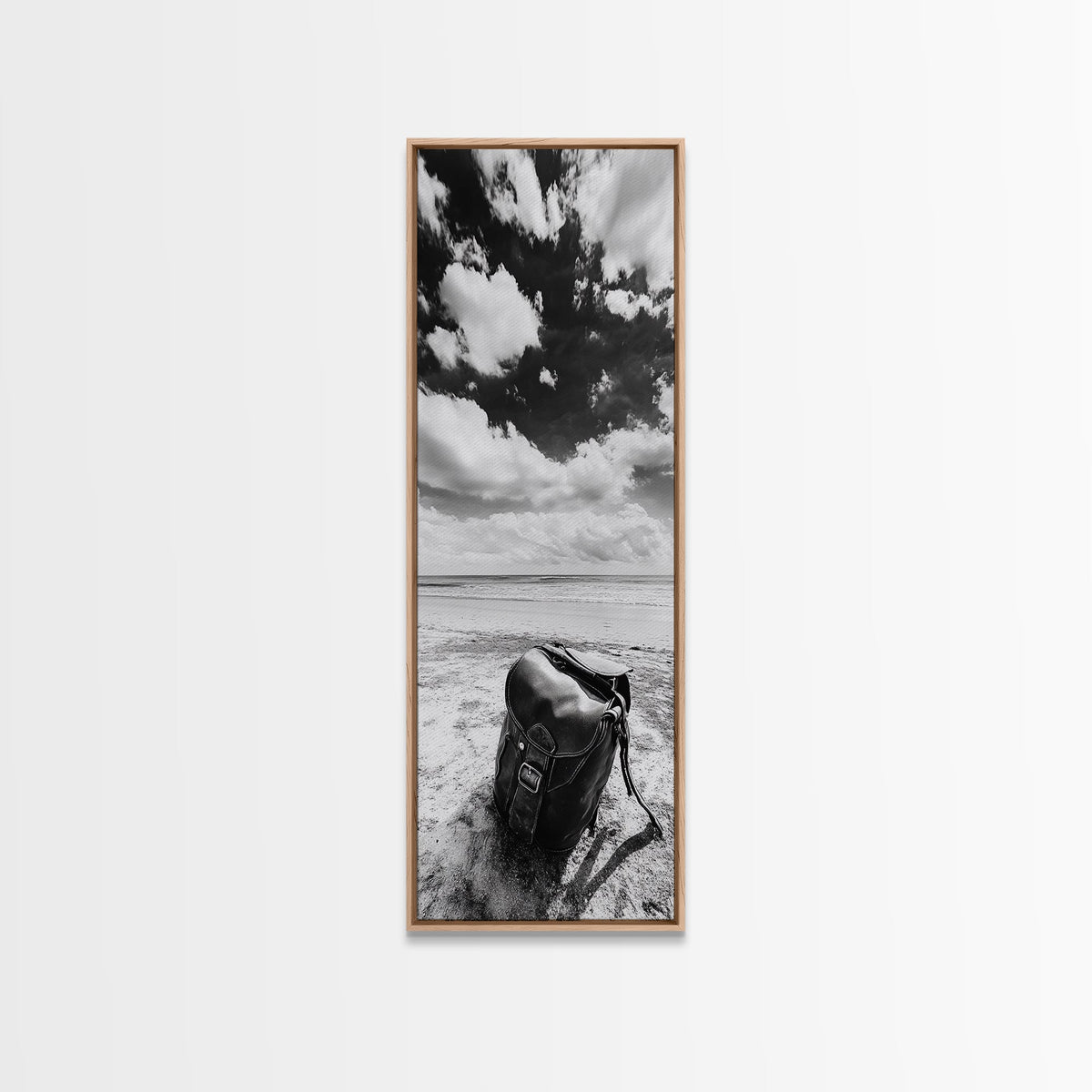 Leather Bag, Beach Canvas Print, wabi sabi wall art, minimalist art, coastal decor, rustic photography, vintage travel aesthetic, moody art