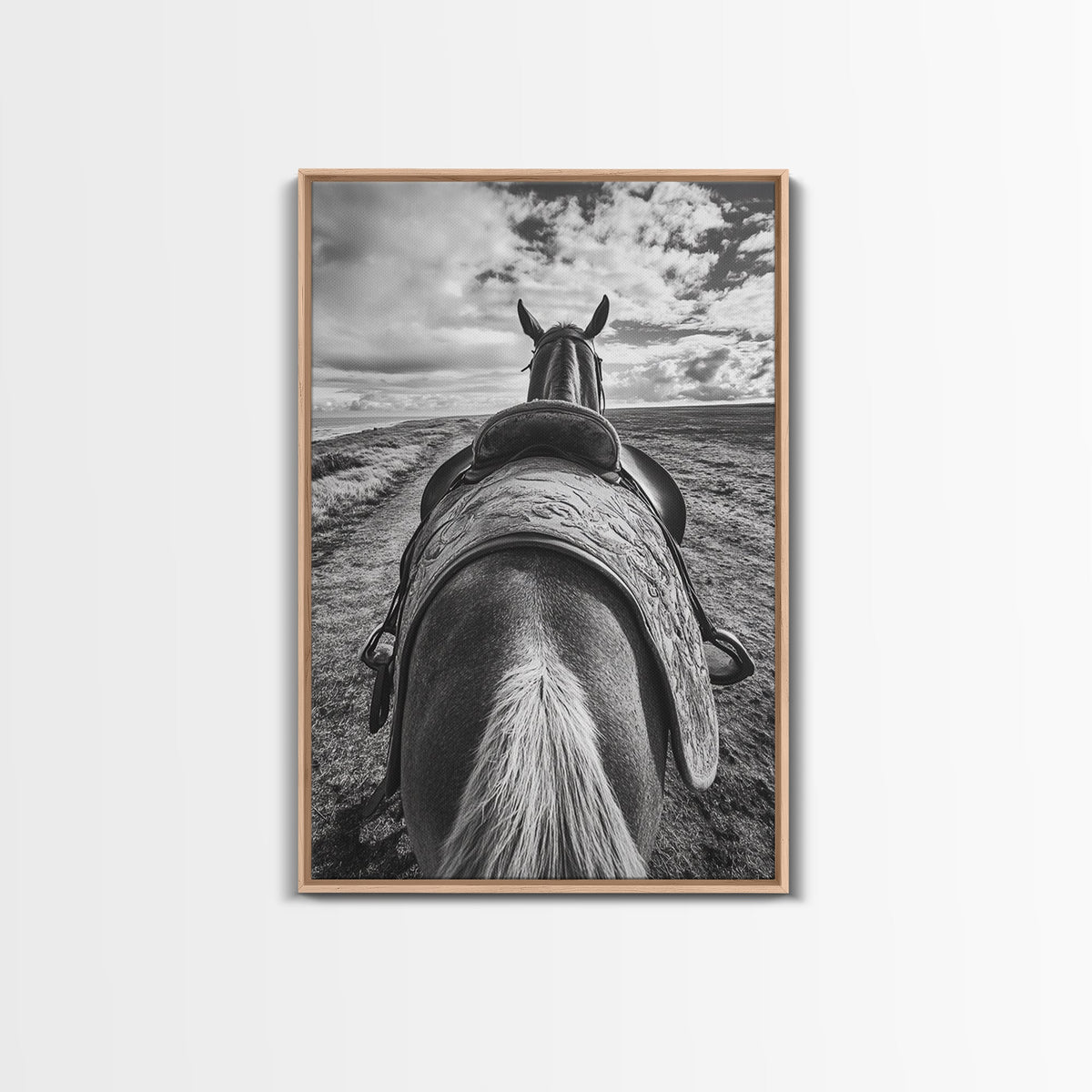 Horseback View, vintage horse art, equestrian decor, rustic wall art, western home decor, moody art, framed canvas print, farmhouse art