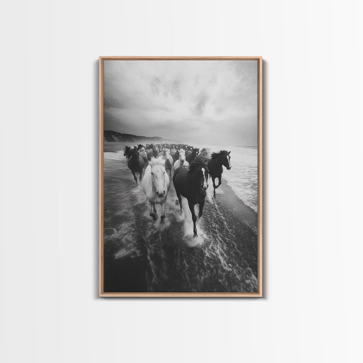 Horse wall art, wild mustangs, moody art, rustic decor, nature photography, black and white art, panoramic art, canvas print, living room art