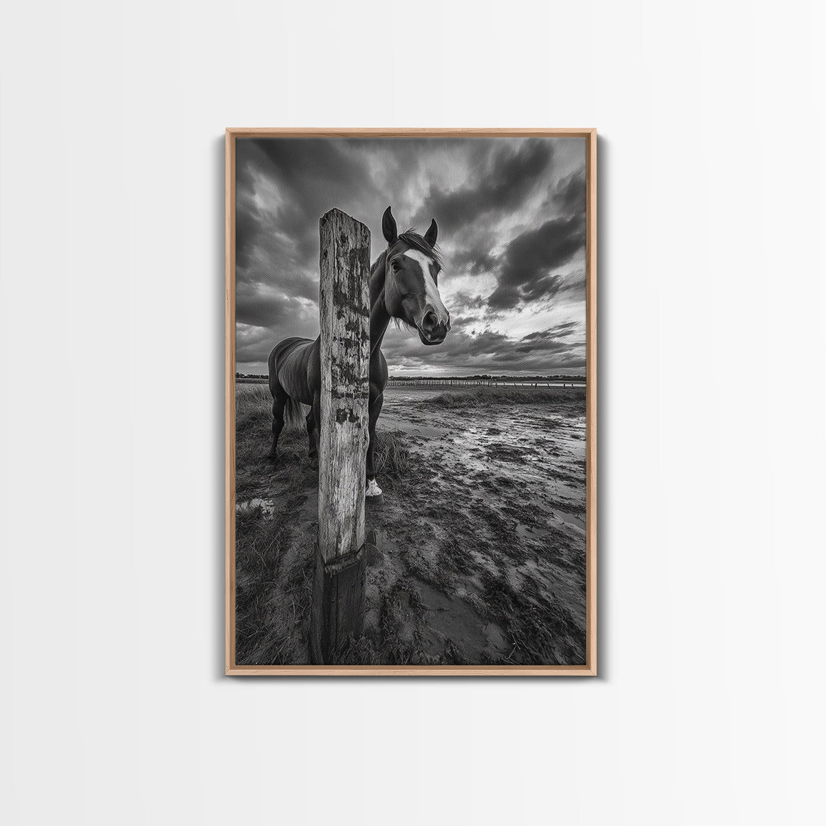 Horse wall art, vintage horse art, rustic decor, black and white photography, moody art, extra wide art, framed canvas print, farmhouse art