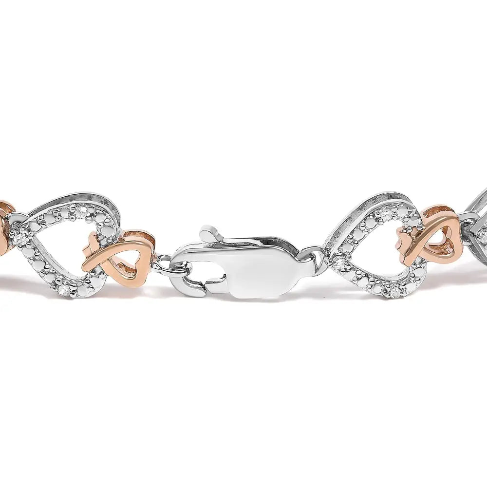 1/4 cttw diamond heart link bracelet in 10k rose gold plated silver 7.25in bijoux-nyc direct