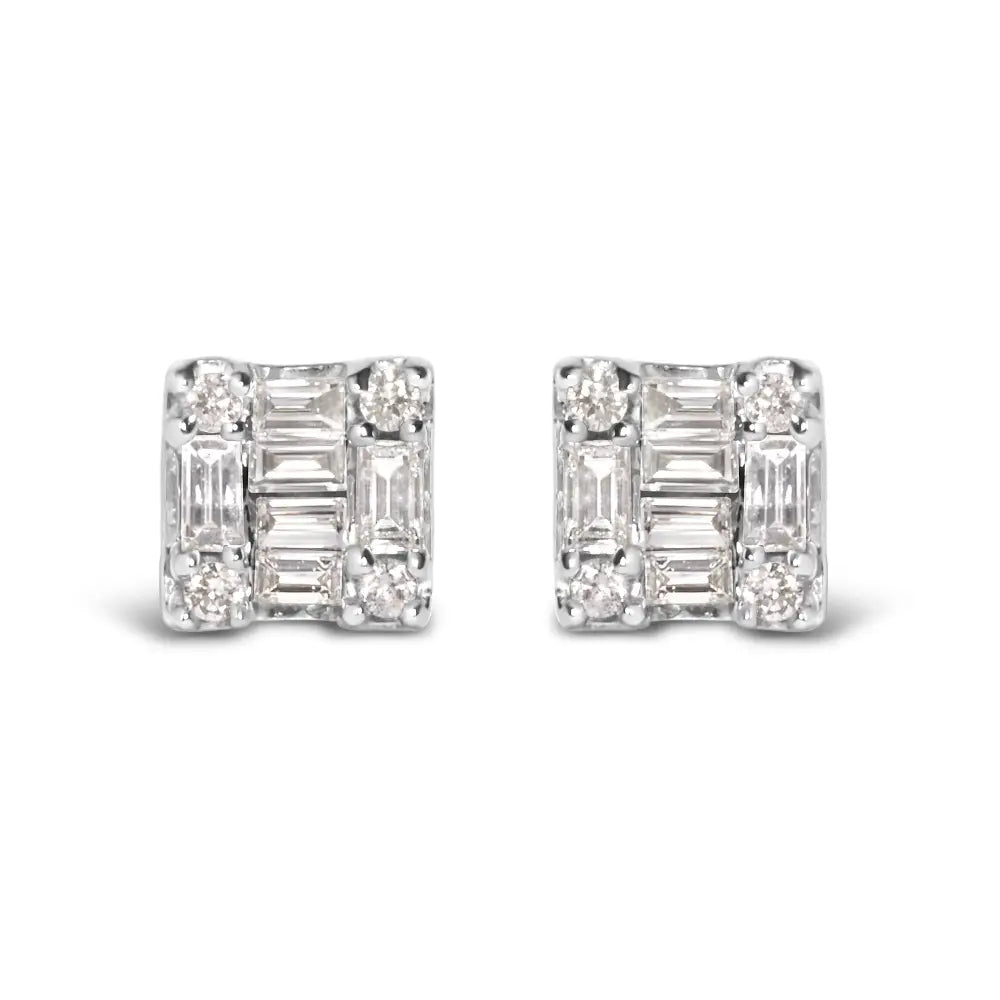 1/7 ctw round and baguette diamond mosaic square studs in 10k white gold bijoux-nyc direct