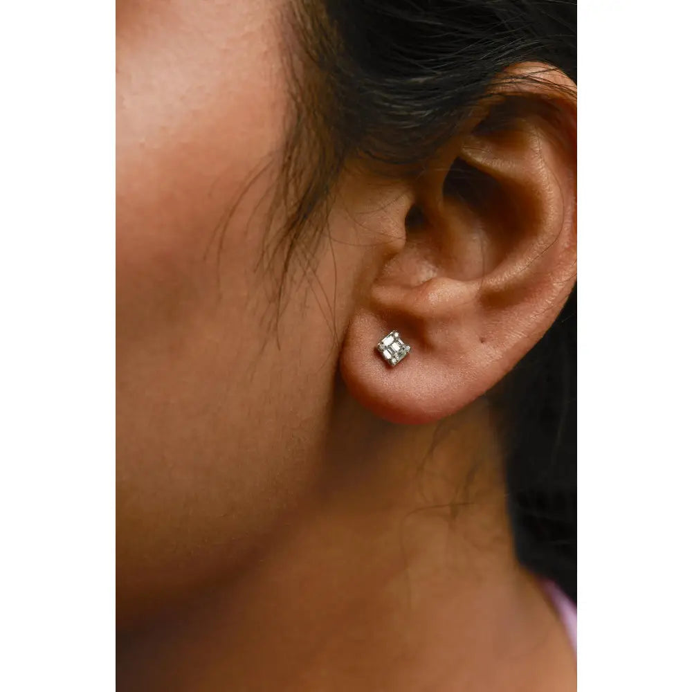 1/7 ctw round and baguette diamond mosaic square studs in 10k white gold bijoux-nyc direct
