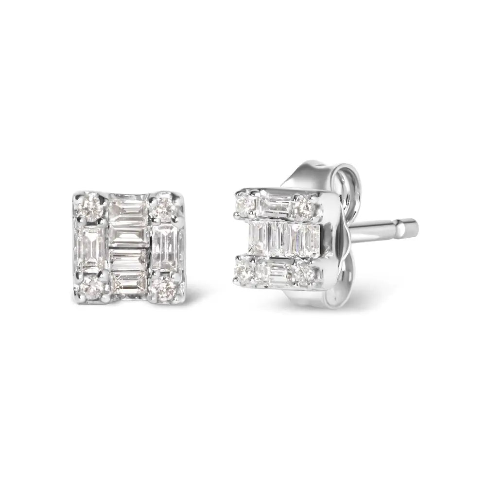 1/7 ctw round and baguette diamond mosaic square studs in 10k white gold bijoux-nyc direct