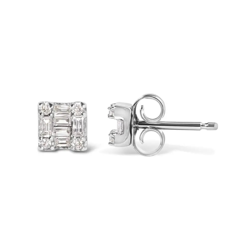 1/7 ctw round and baguette diamond mosaic square studs in 10k white gold bijoux-nyc direct