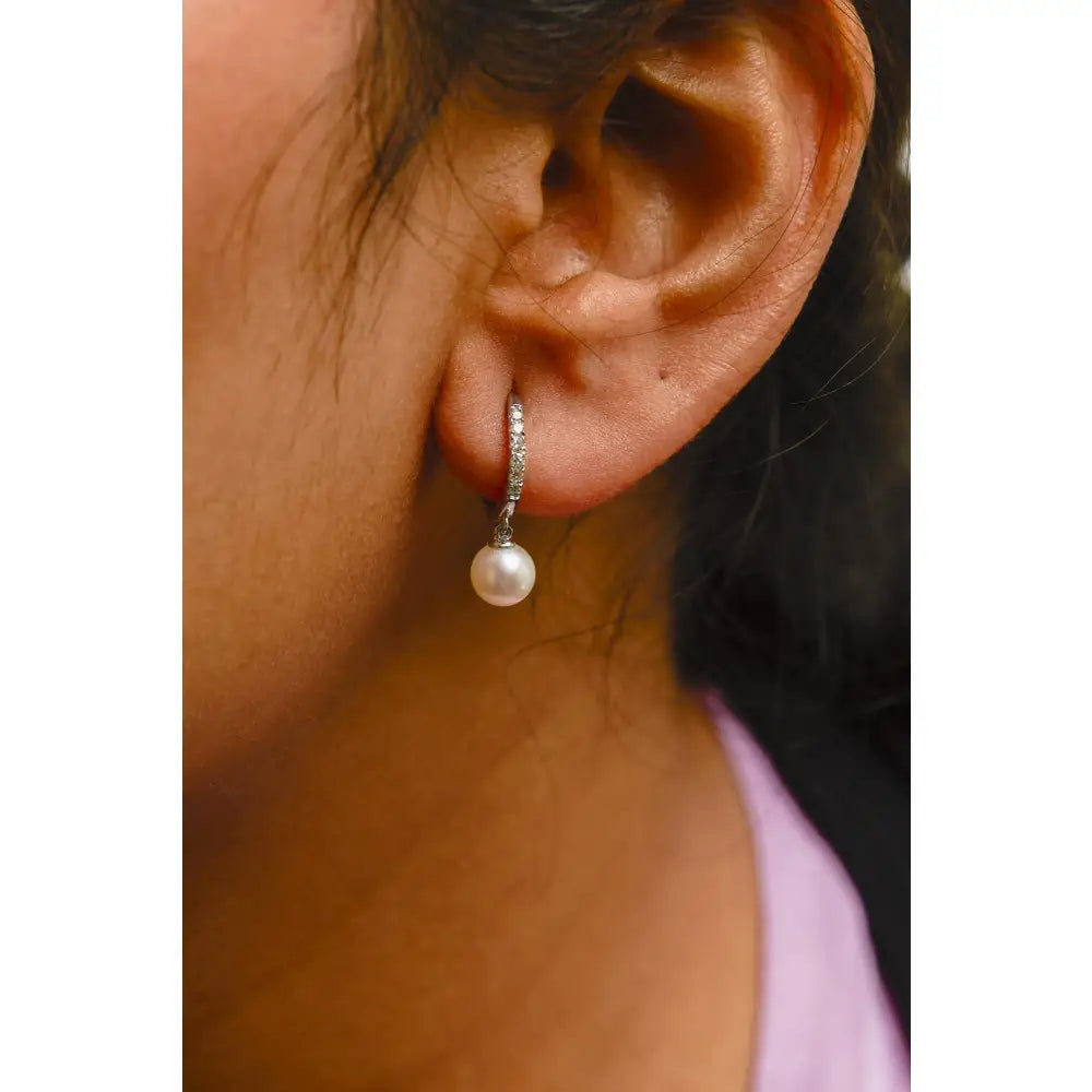 Freshwater pearl and diamond drop huggie earrings in 10k white gold 6mm bijoux-nyc direct