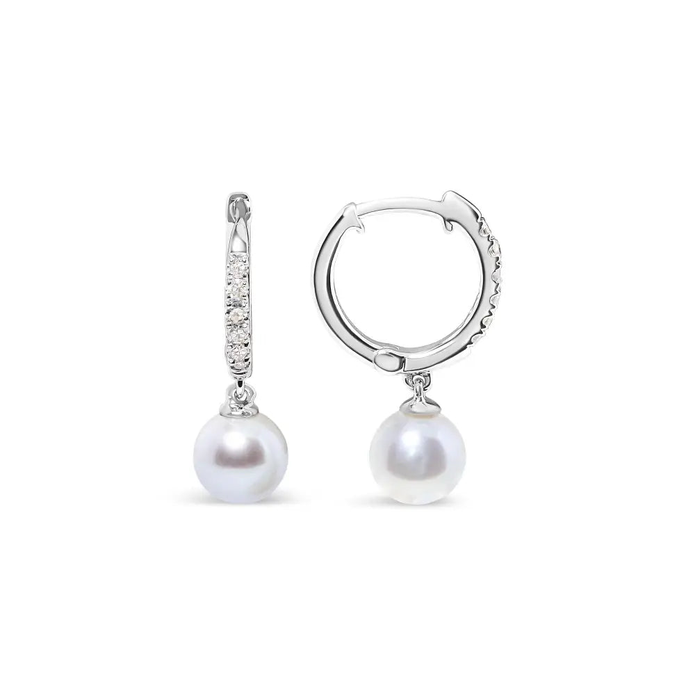 Freshwater pearl and diamond drop huggie earrings in 10k white gold 6mm bijoux-nyc direct
