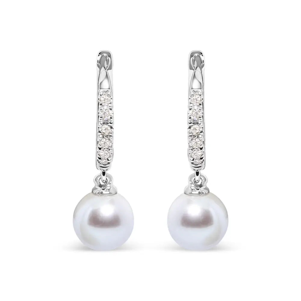 Freshwater pearl and diamond drop huggie earrings in 10k white gold 6mm bijoux-nyc direct