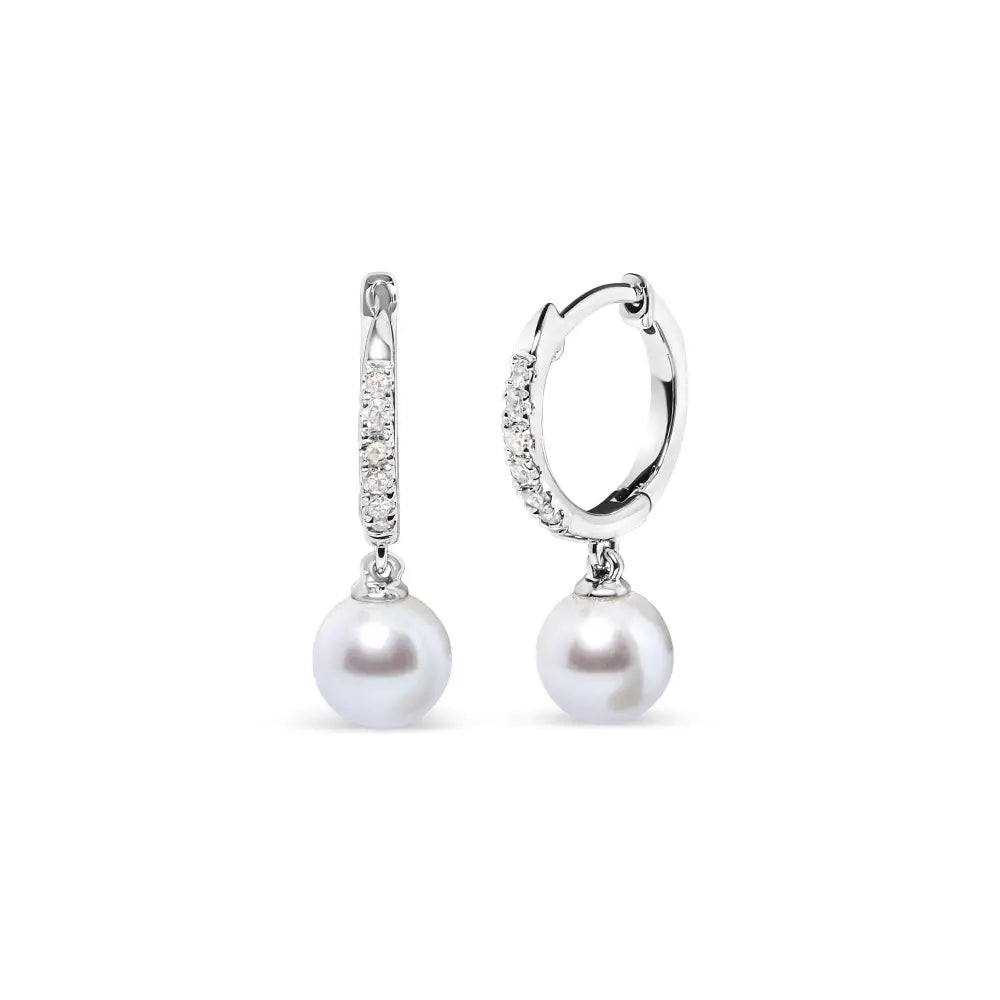 Freshwater pearl and diamond drop huggie earrings in 10k white gold 6mm bijoux-nyc direct