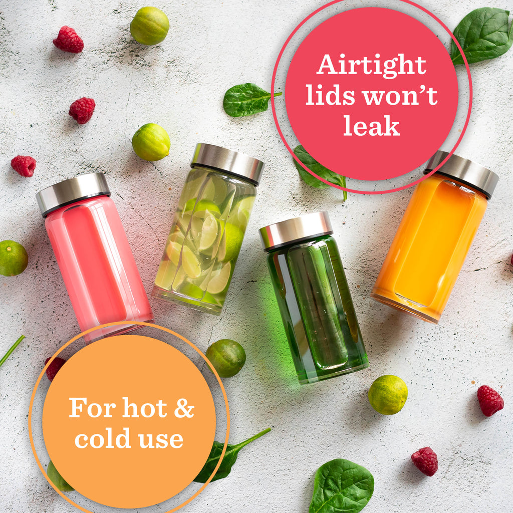 Skinny Series Wide Mouth Glass Bottles Set w/ Stainless Steel Lids, 10 oz