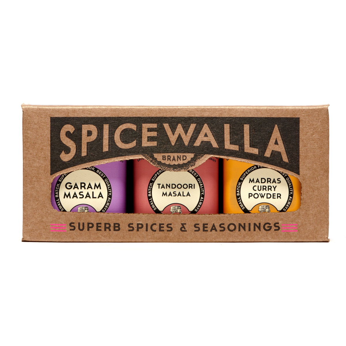 SpiceWalla spice set packaging with three spice containers on a white background