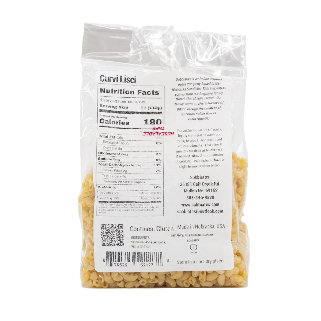 Curvi Lisci Pasta | 16 oz | Sabbiatos