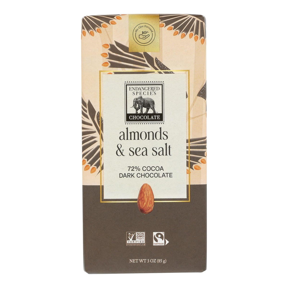 Endangered Species Natural Chocolate Bar - 72% Dark Cocoa - Sea Salt & Almonds - 3 Oz Bar (Case of 12)