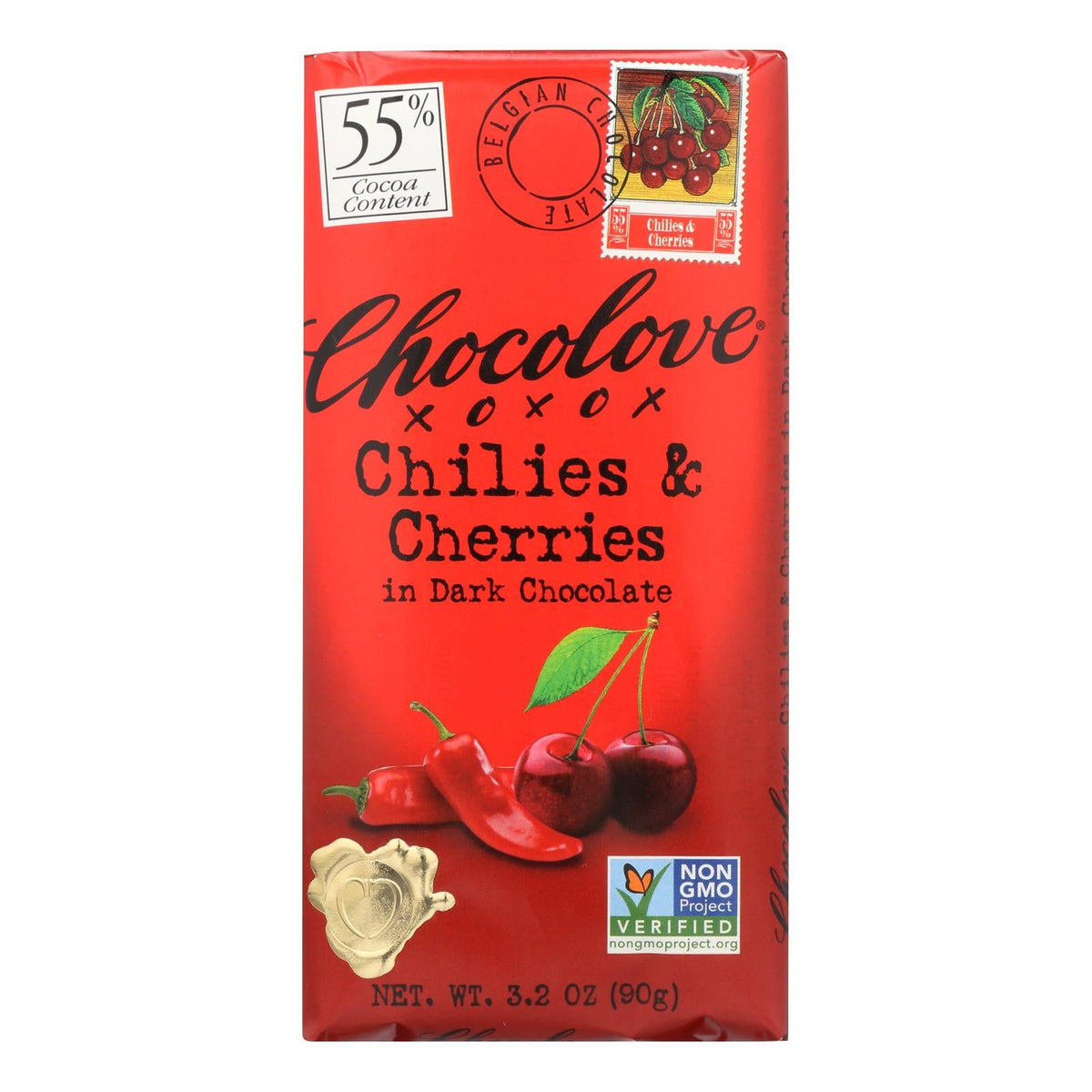"Chocolove XOXOX | Premium Dark Chocolate Bar with Chilies & Cherries | 3.2 Oz Bars | Case of 12"