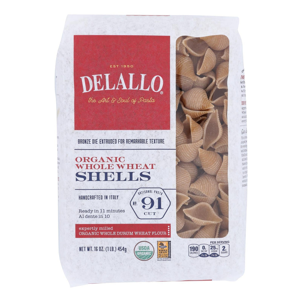 Delallo Organic Whole Wheat Shells Pasta (No. 91), 16 oz (Case of 8)