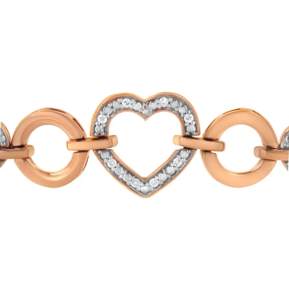 Diamond accent circle and heart link bolo bracelet in rose gold over silver bijoux-nyc direct
