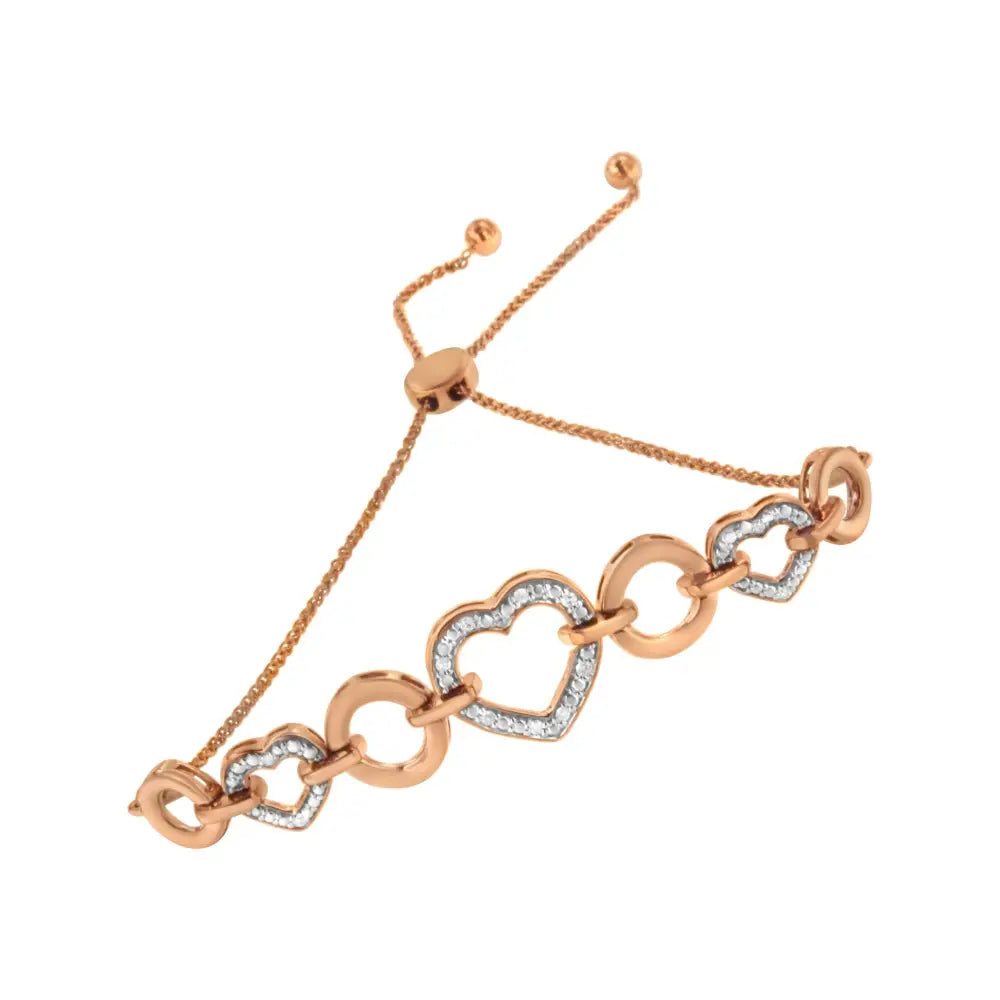 Diamond accent circle and heart link bolo bracelet in rose gold over silver bijoux-nyc direct