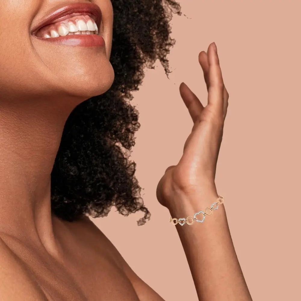 Diamond accent circle and heart link bolo bracelet in rose gold over silver bijoux-nyc direct