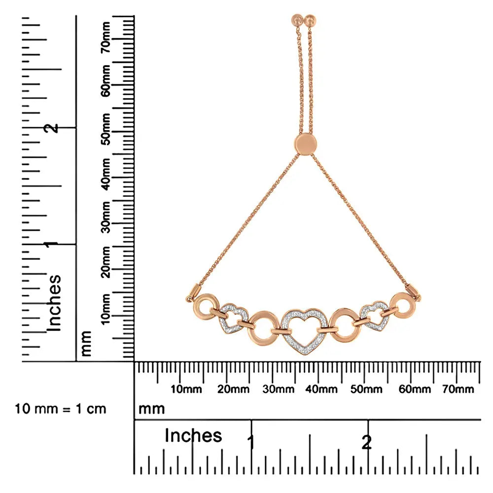 Diamond accent circle and heart link bolo bracelet in rose gold over silver bijoux-nyc direct