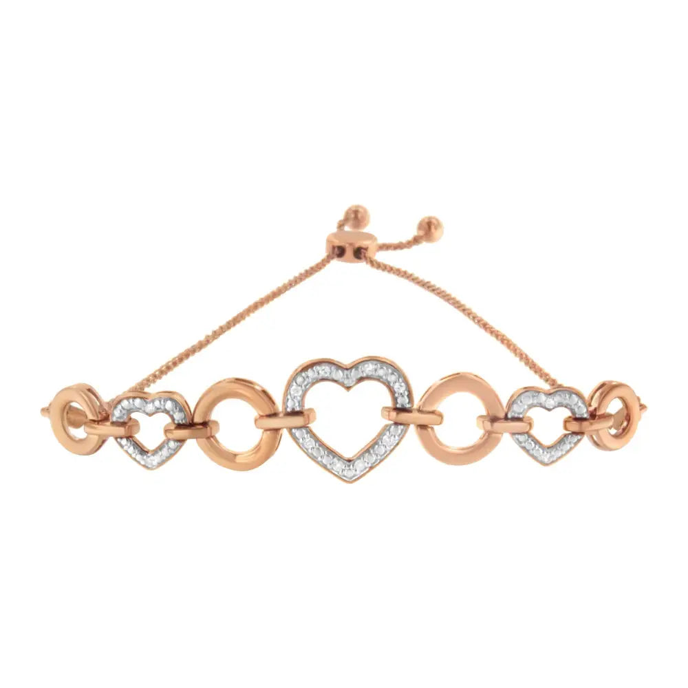 Diamond accent circle and heart link bolo bracelet in rose gold over silver bijoux-nyc direct