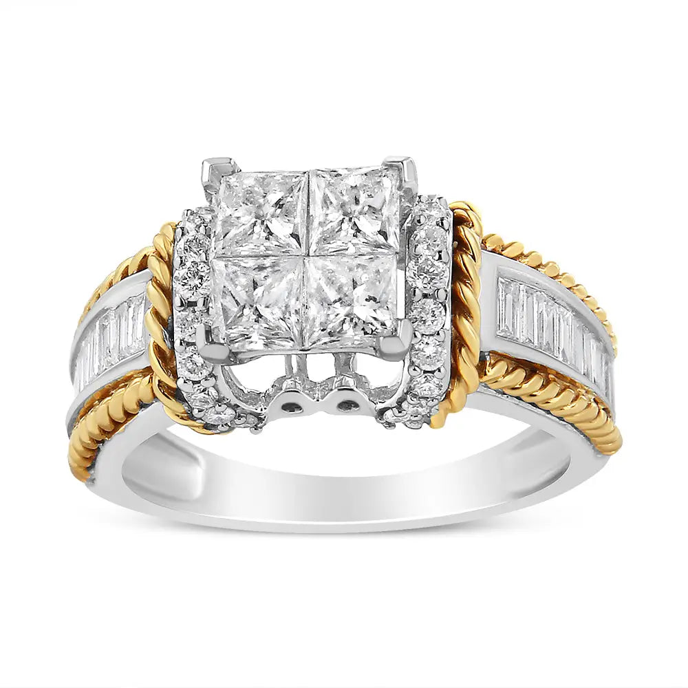 14k two-tone gold 1 1/2 cttw princess and baguette diamond engagement ring bijoux-nyc direct
