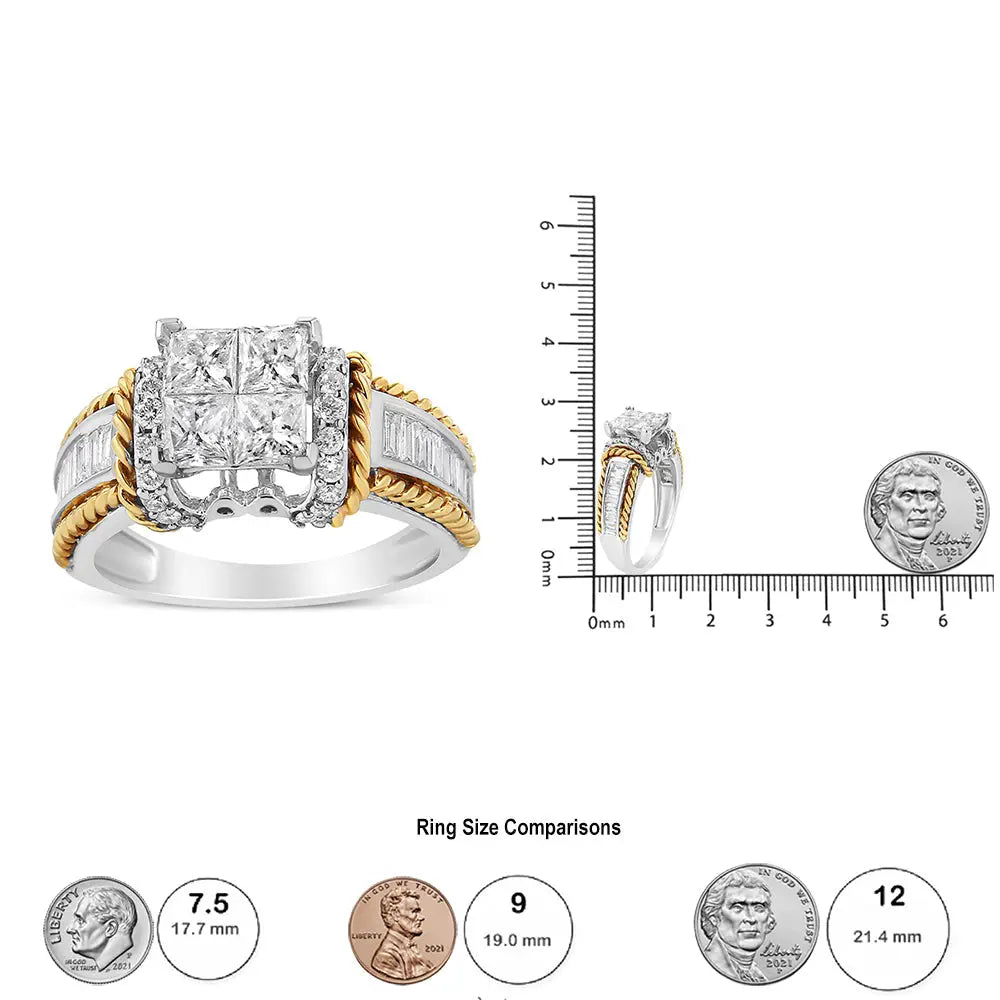 14k two-tone gold 1 1/2 cttw princess and baguette diamond engagement ring bijoux-nyc direct