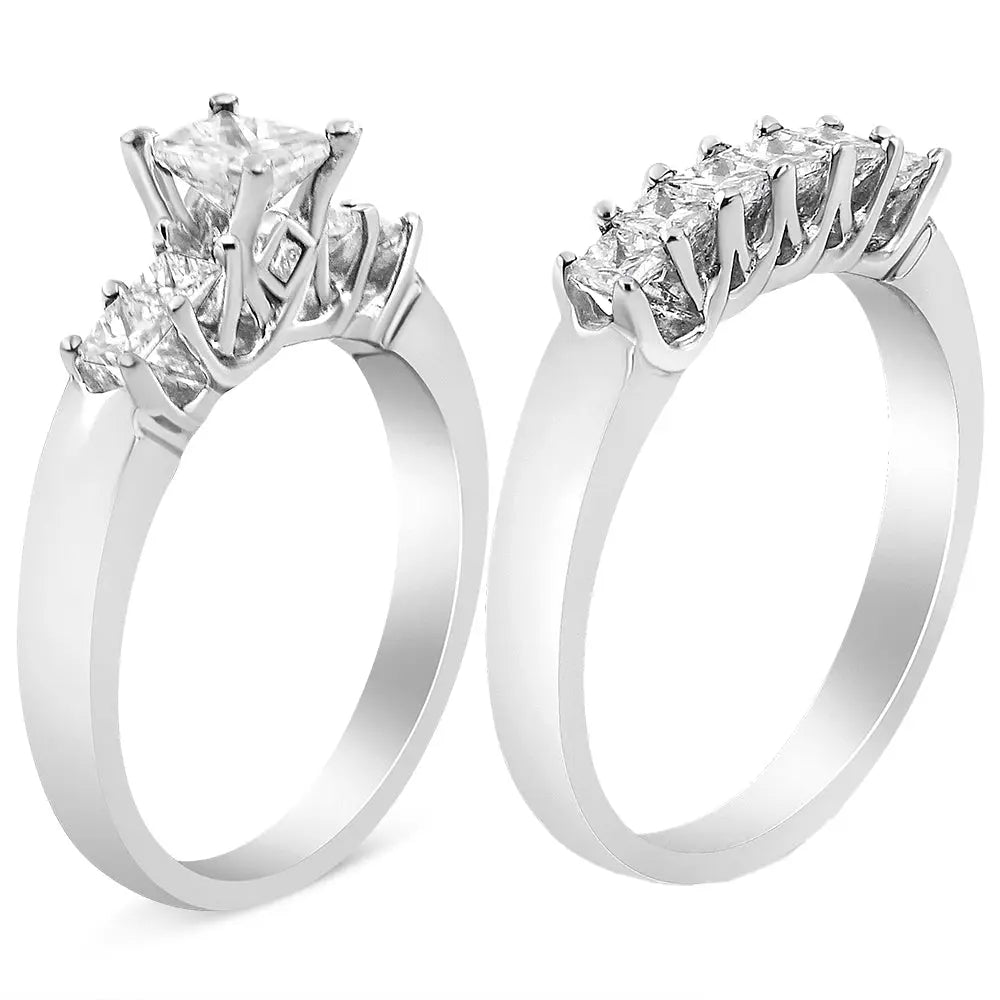 14k white gold 1 1/2 cttw five-stone princess diamond bridal ring set bijoux-nyc direct