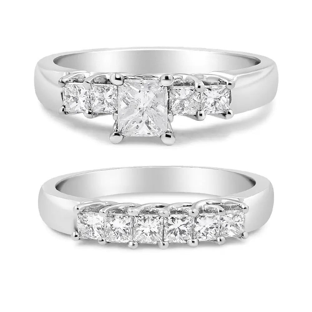 14k white gold 1 1/2 cttw five-stone princess diamond bridal ring set bijoux-nyc direct