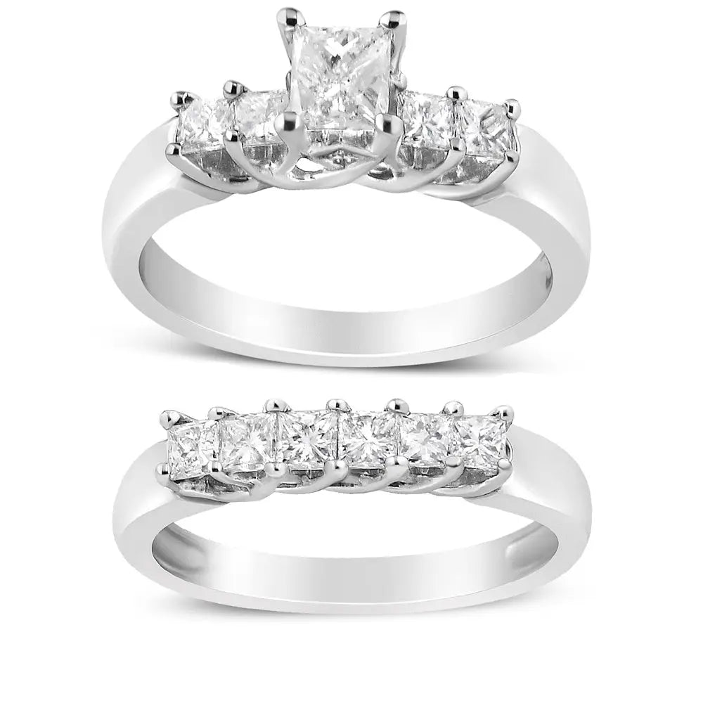 14k white gold 1 1/2 cttw five-stone princess diamond bridal ring set bijoux-nyc direct