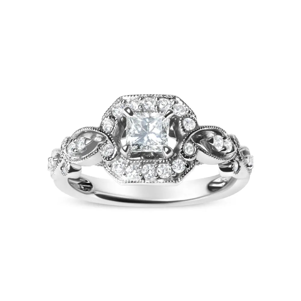 14k white gold 3/4 cttw princess diamond halo engagement ring size 7 bijoux-nyc direct