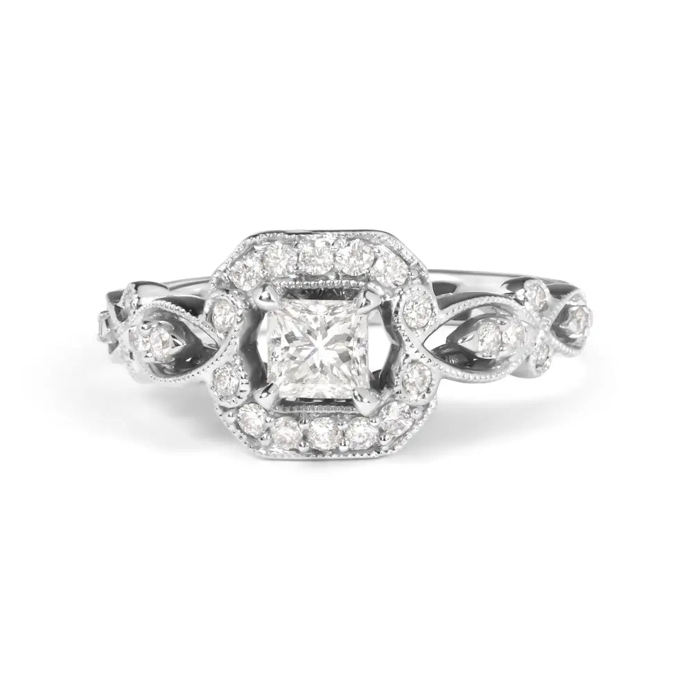 14k white gold 3/4 cttw princess diamond halo engagement ring size 7 bijoux-nyc direct
