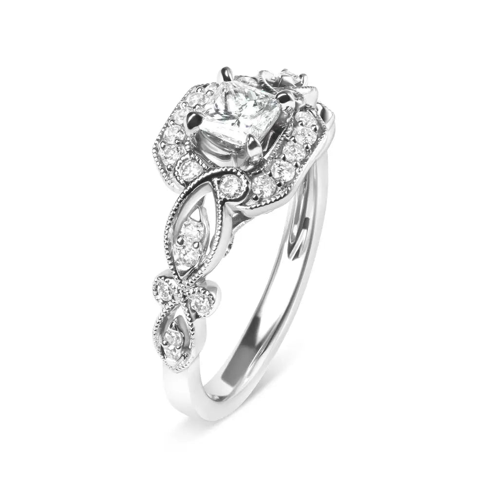 14k white gold 3/4 cttw princess diamond halo engagement ring size 7 bijoux-nyc direct