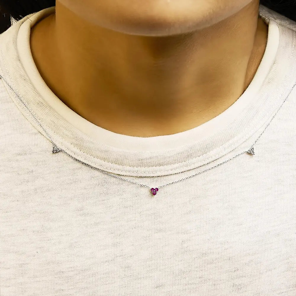 14k white gold ruby and 1/5 cttw diamond tri station necklace bijoux-nyc direct