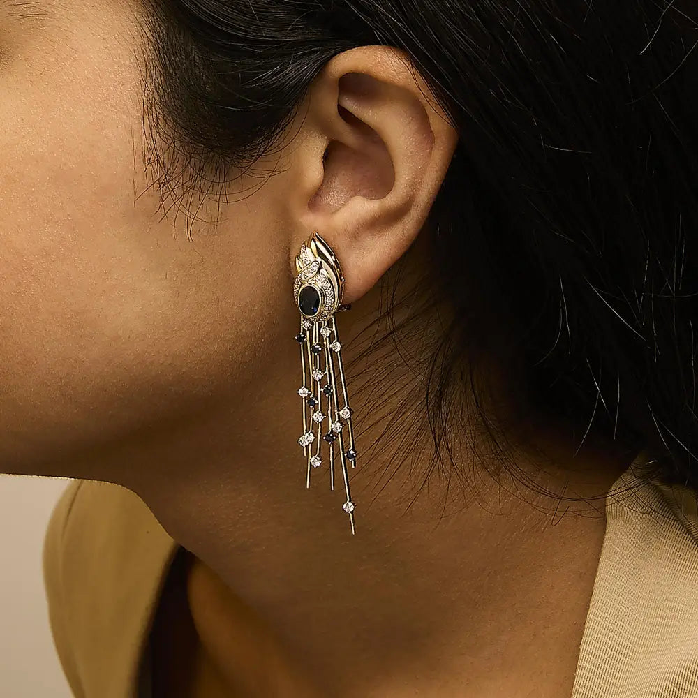 14k yellow gold diamond blue sapphire chandelier earrings bijoux-nyc direct