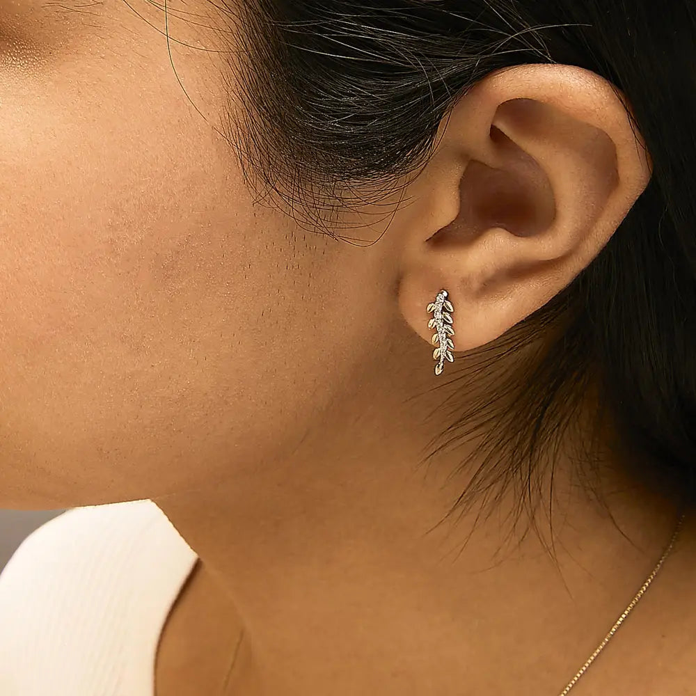 14k yellow gold 1/10 cttw diamond leaf drop earrings bijoux-nyc direct