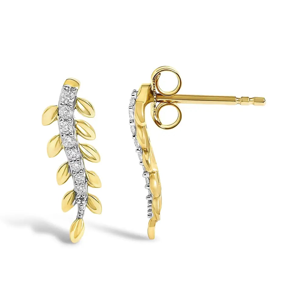14k yellow gold 1/10 cttw diamond leaf drop earrings bijoux-nyc direct