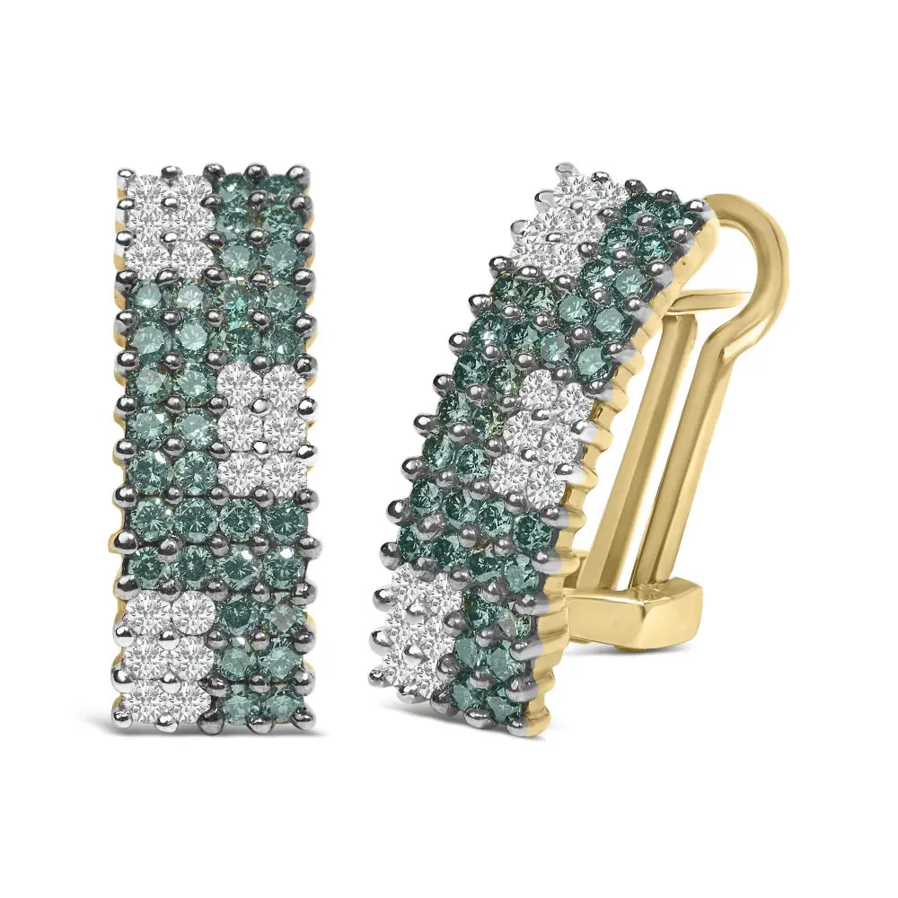 14k yellow gold 2.00 cttw white and blue diamond pavé omega back earrings bijoux-nyc direct