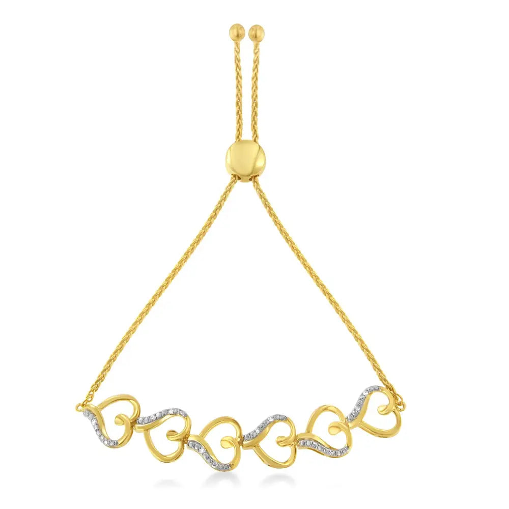 14k yellow gold plated silver 1/10ct tdw diamond heart bolo bracelet bijoux-nyc direct
