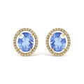 18K Yellow Gold 8X10 MM Blue Fluorite Oval and 1/2 Cttw Diamond Halo Stud Earrings