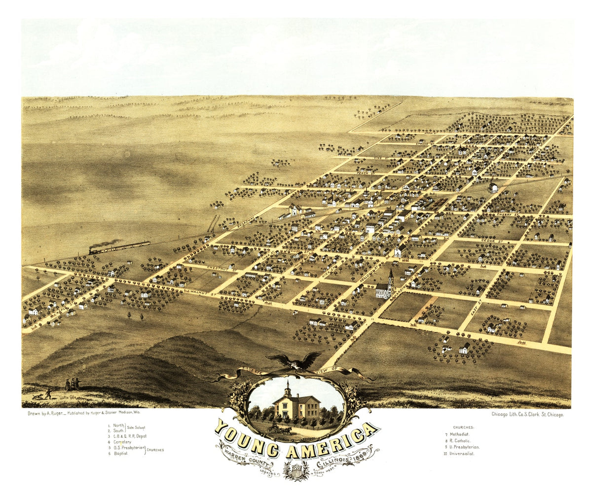Vintage Map of Young America, Illinois 1869