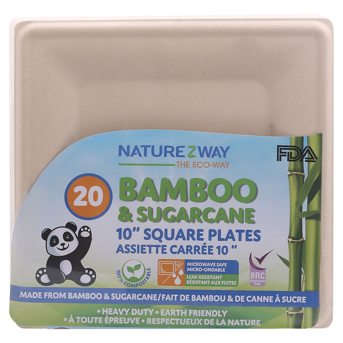 Naturezway Bamboo Square Plate 10inch, 20ct (Case of 12, 20ct Pack)