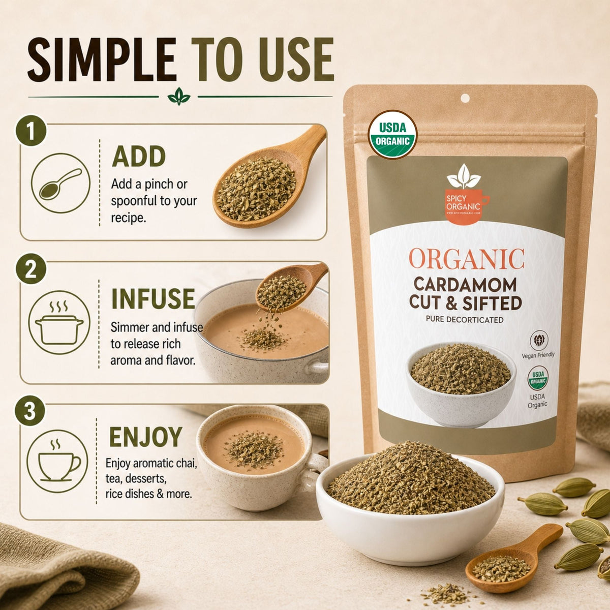Organic Cardamom Cut & Sifted – For Chai & Tea Blends