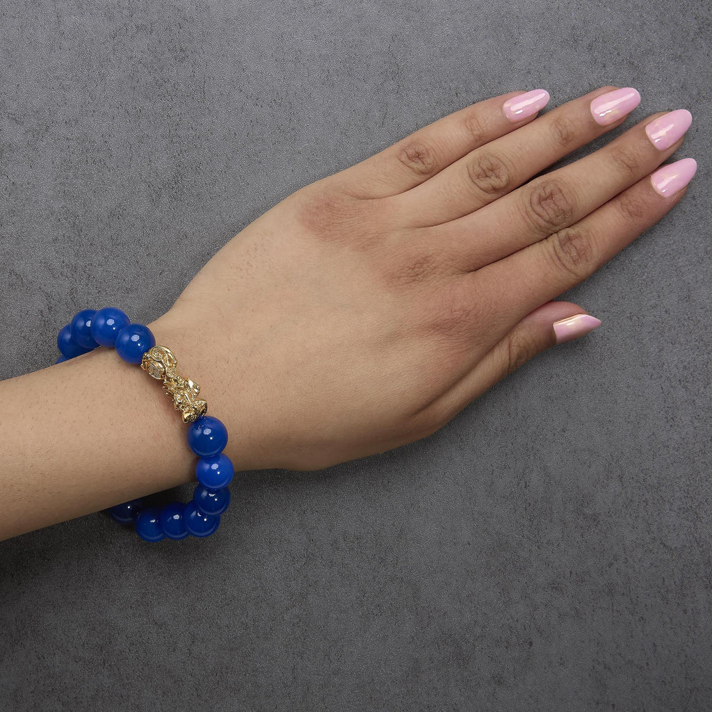 18K Yellow Gold Blue Agate Beaded Dragon Charm Bracelet