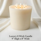 Bonfire White Beeswax Candle Eight-Wick Luxury Statement Pillar 9″ Tall 8″ Wide