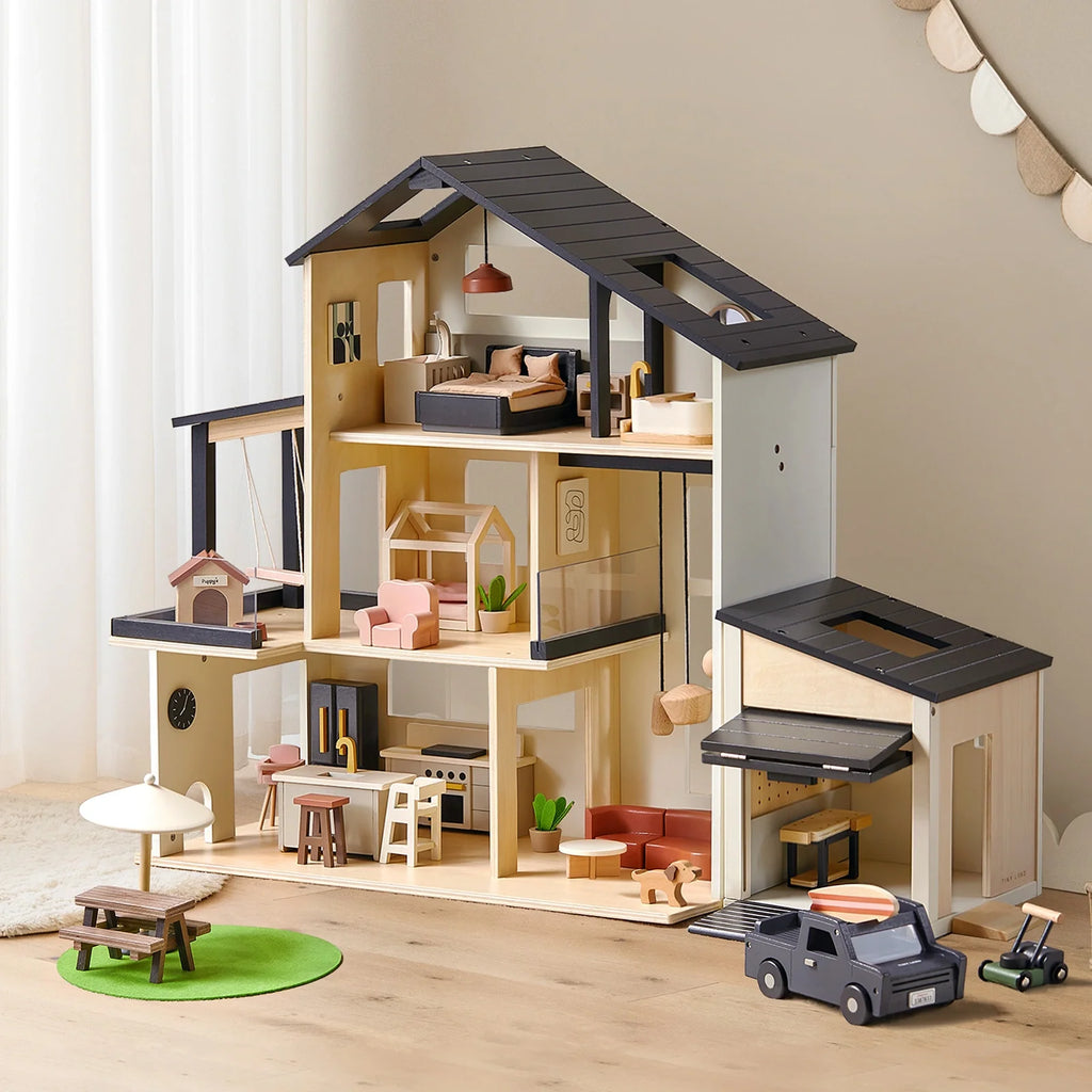 Sweet Family Gift Set: Black Dollhouse & Dollhouse Garage & Extra Dolls Set