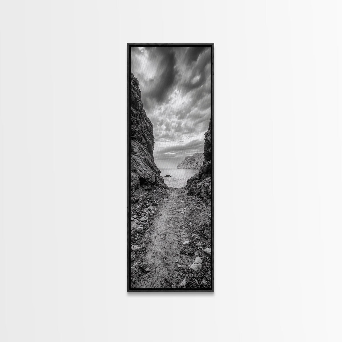 Rocky Pathway, Seaside Trail, Cloudy Horizon, Framed Canvas Print, Moody Coastal Wall Art, Nature Inspired, Monochrome Travel Decor